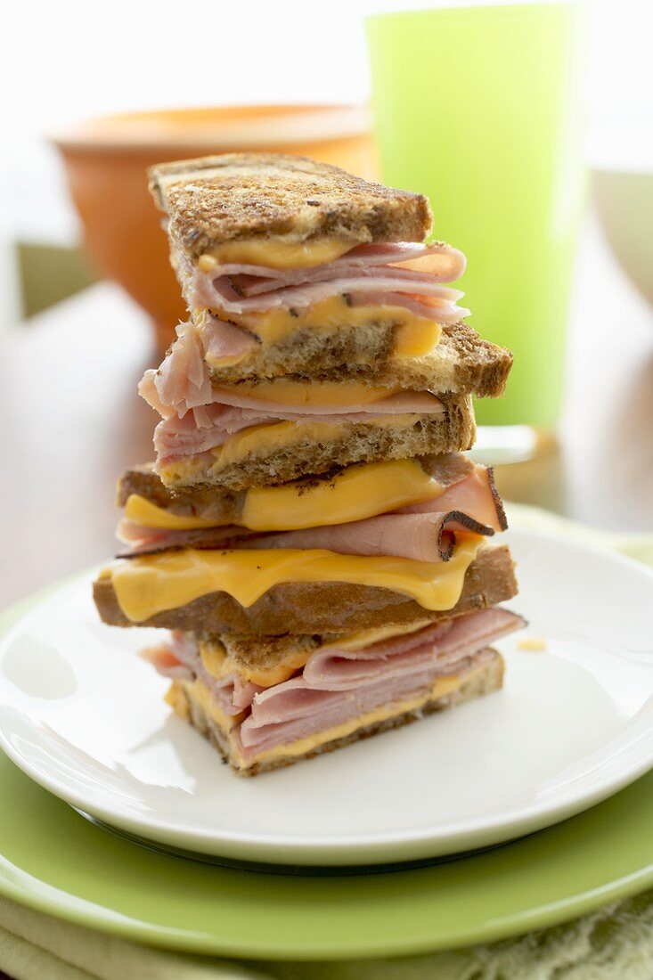 Tall Stack of Grilled Ham and Cheese Sandwiches
