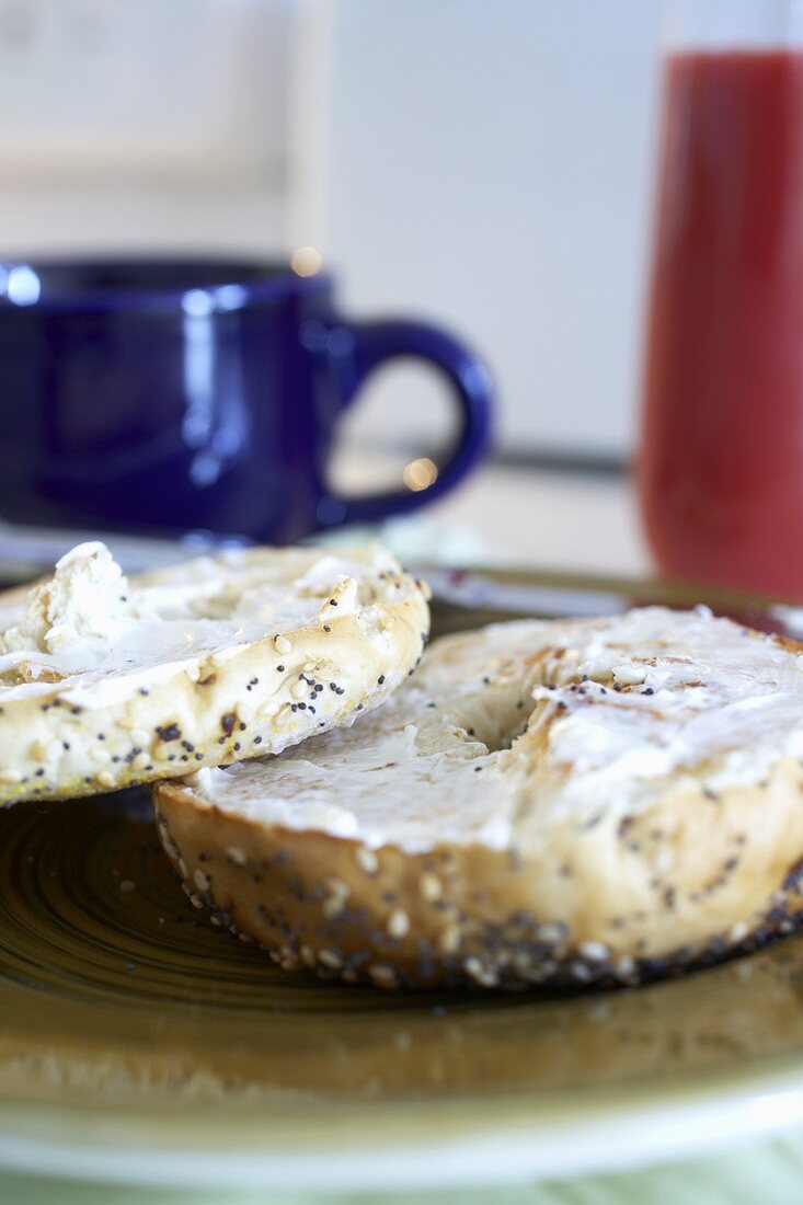 A Bagel with Cream Cheese and Coffee