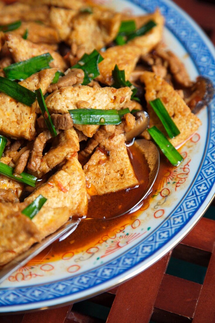 Gebratener Tofu mit Frühlingszwiebeln (Hunan, China)