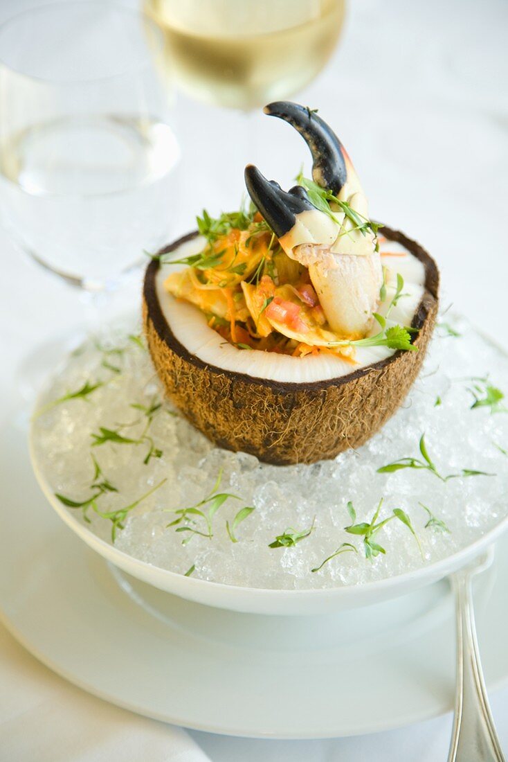 Stone Crab Ceviche Served inside a Coconut