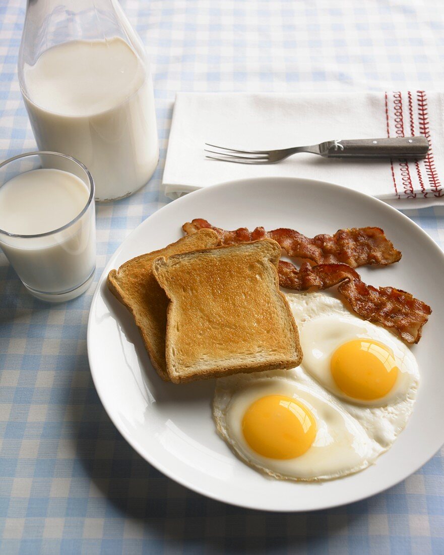 Frühstück mit Toast, Spiegelei, Bacon und Milch