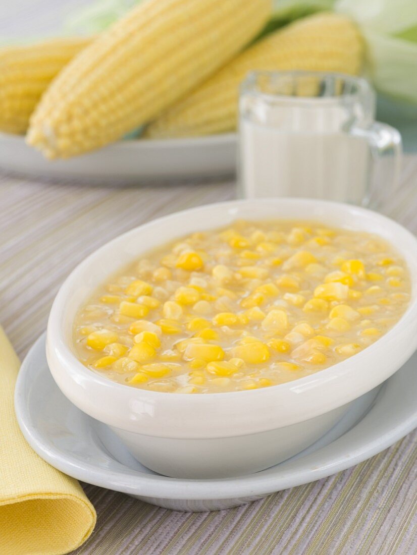 Bowl of Creamed Corn; Fresh Corn on the Cob