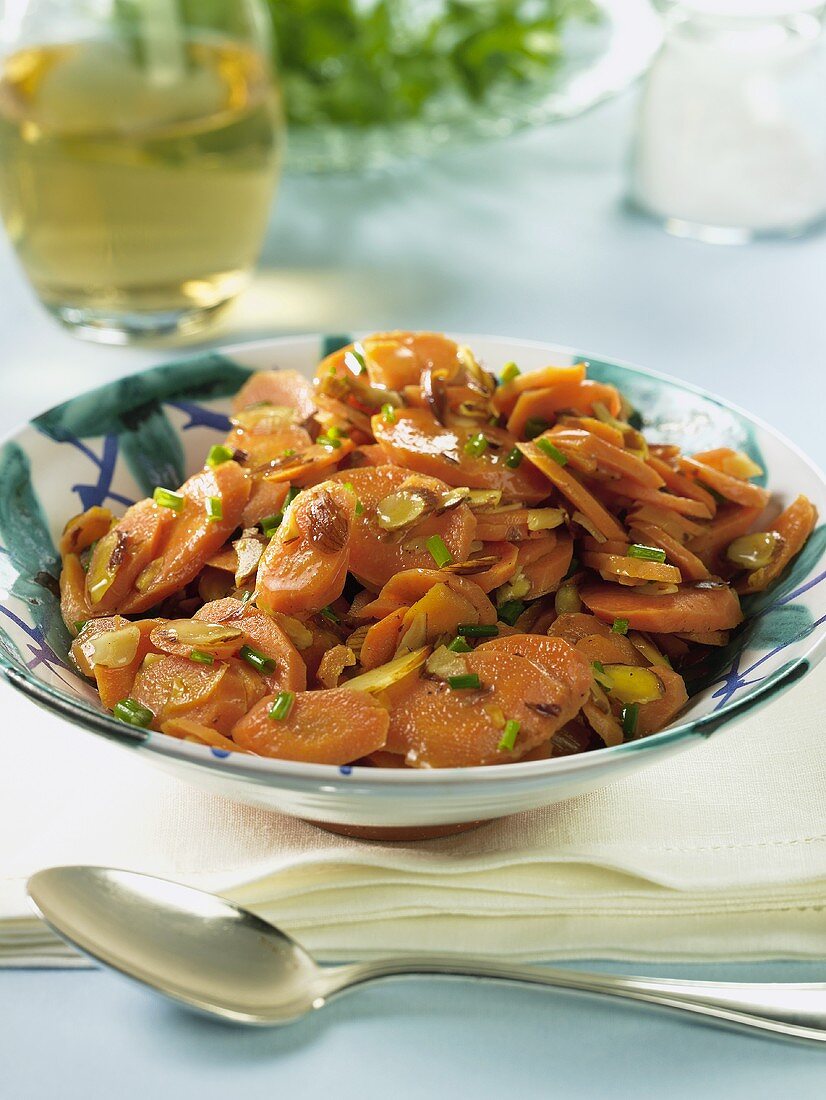 Sliced Carrots with Almond Slivers and Scallions