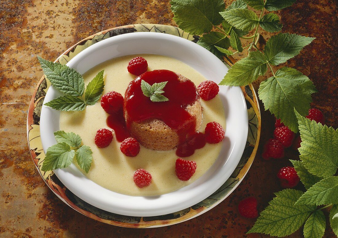 Raspberry Pudding with Vanilla Sauce