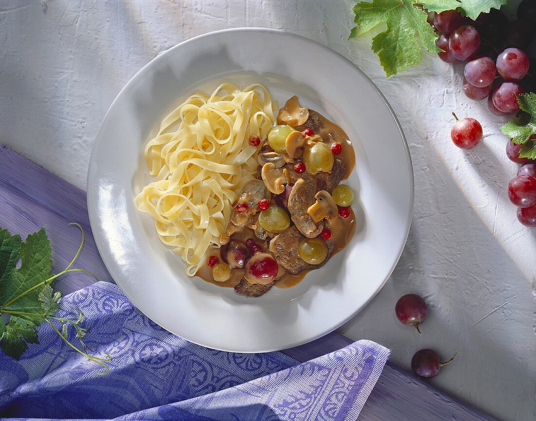 Sliced Meat with Grapes and Noodles