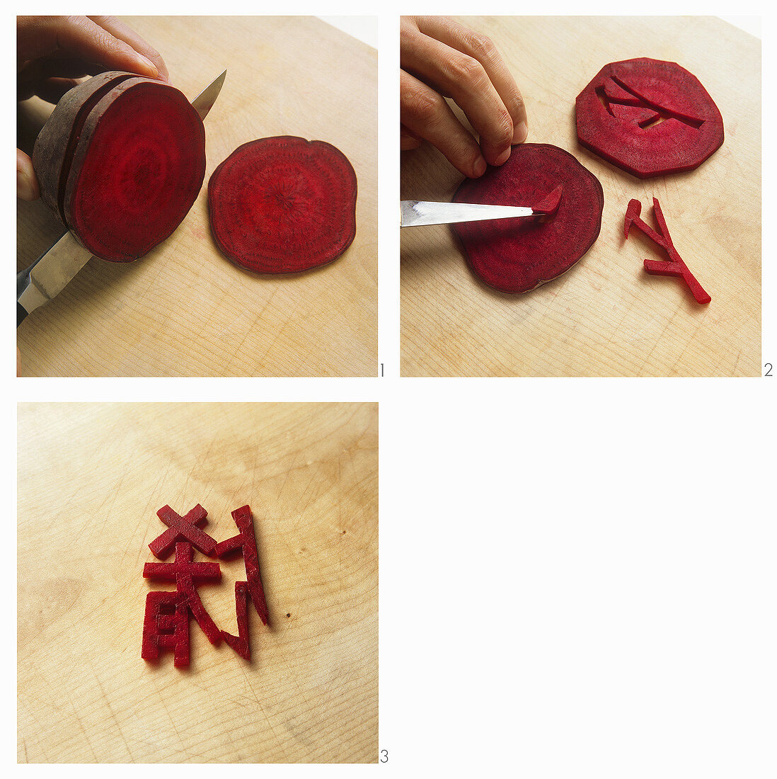Chinesische Schriftzeichen aus Roter Bete schneiden