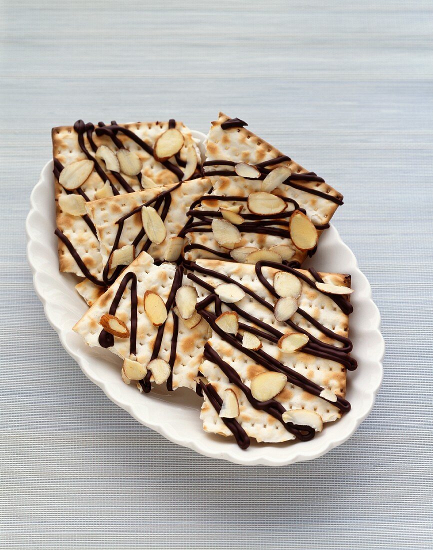 Matzah with chocolate stripes and almonds