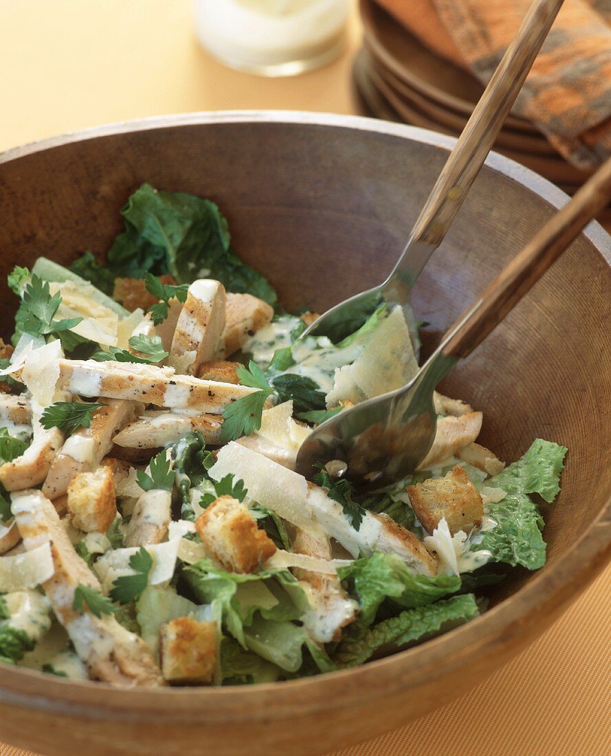 Caesar salad with grilled chicken in wooden bowl