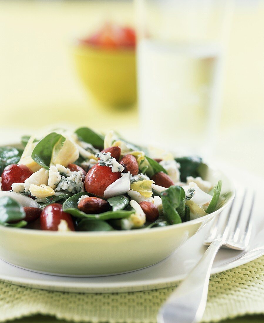 Spinach Salad with Blue Cheese, Red Grapes and Nuts