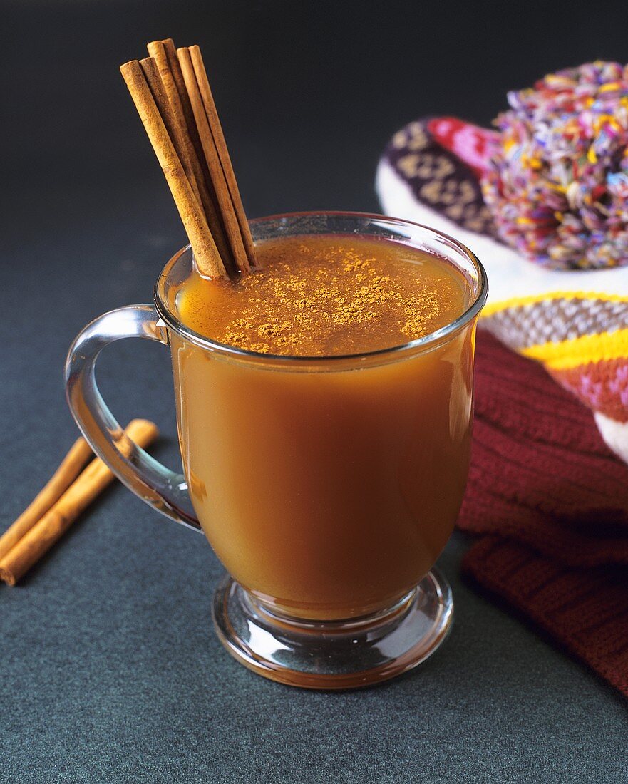 Hot apple punch with cinnamon sticks in glass