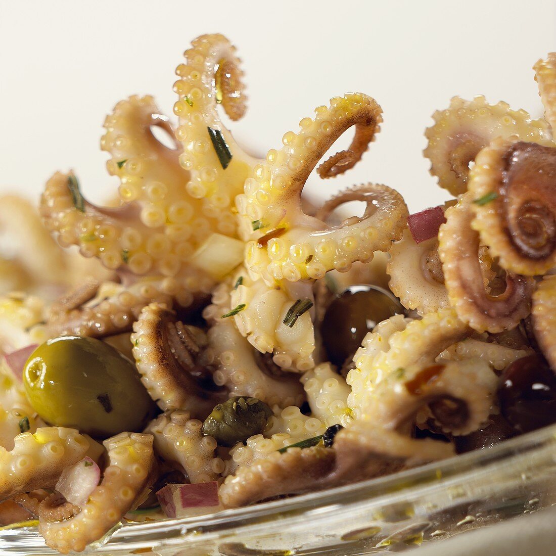 Oktopussalat mit Oliven und roten Zwiebeln
