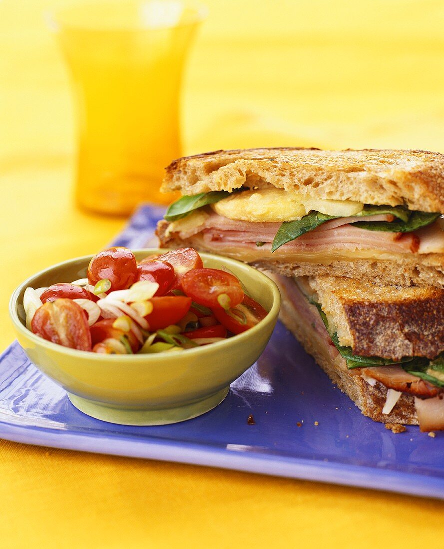 Ham and cheese sandwich with tomato salad