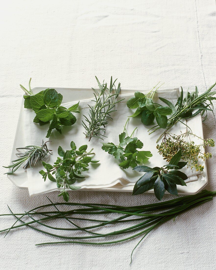 Herbs on white tray