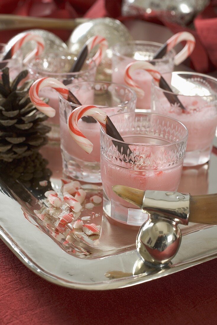 Peppermint milk shakes with candy canes for Christmas