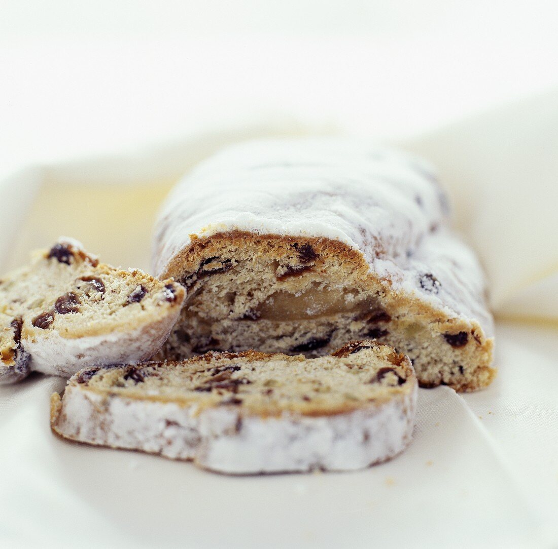 Stollen with two slices cut