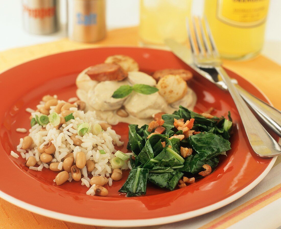 Seared Scallops with Andouille Sausage in a Cream Sauce; Collard Greens and Rice and Beans