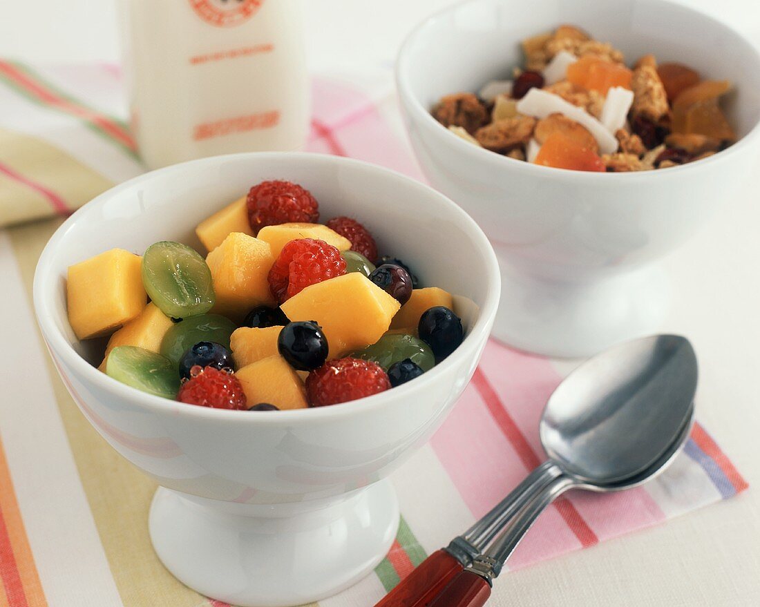 Healthy Breakfast; Bowl of Fruit Salad and a Bowl of Muesli