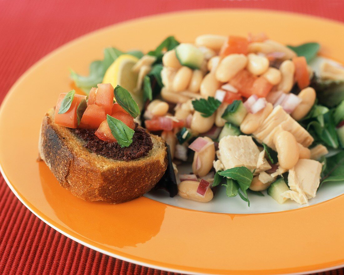 Tuna and White Bean Salad with a Piece of Bruschetta