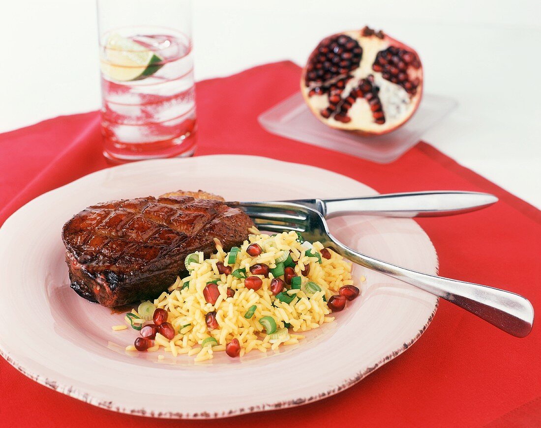 Pan Grilled Duck Breast with Saffron and Pomegranate Rice; Beverage and Pomegranate