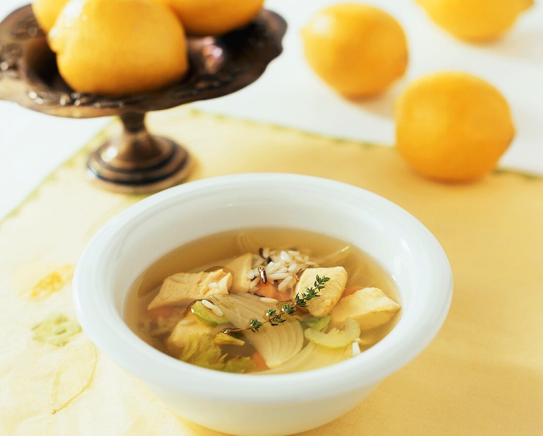 Lemon and chicken soup with wild rice