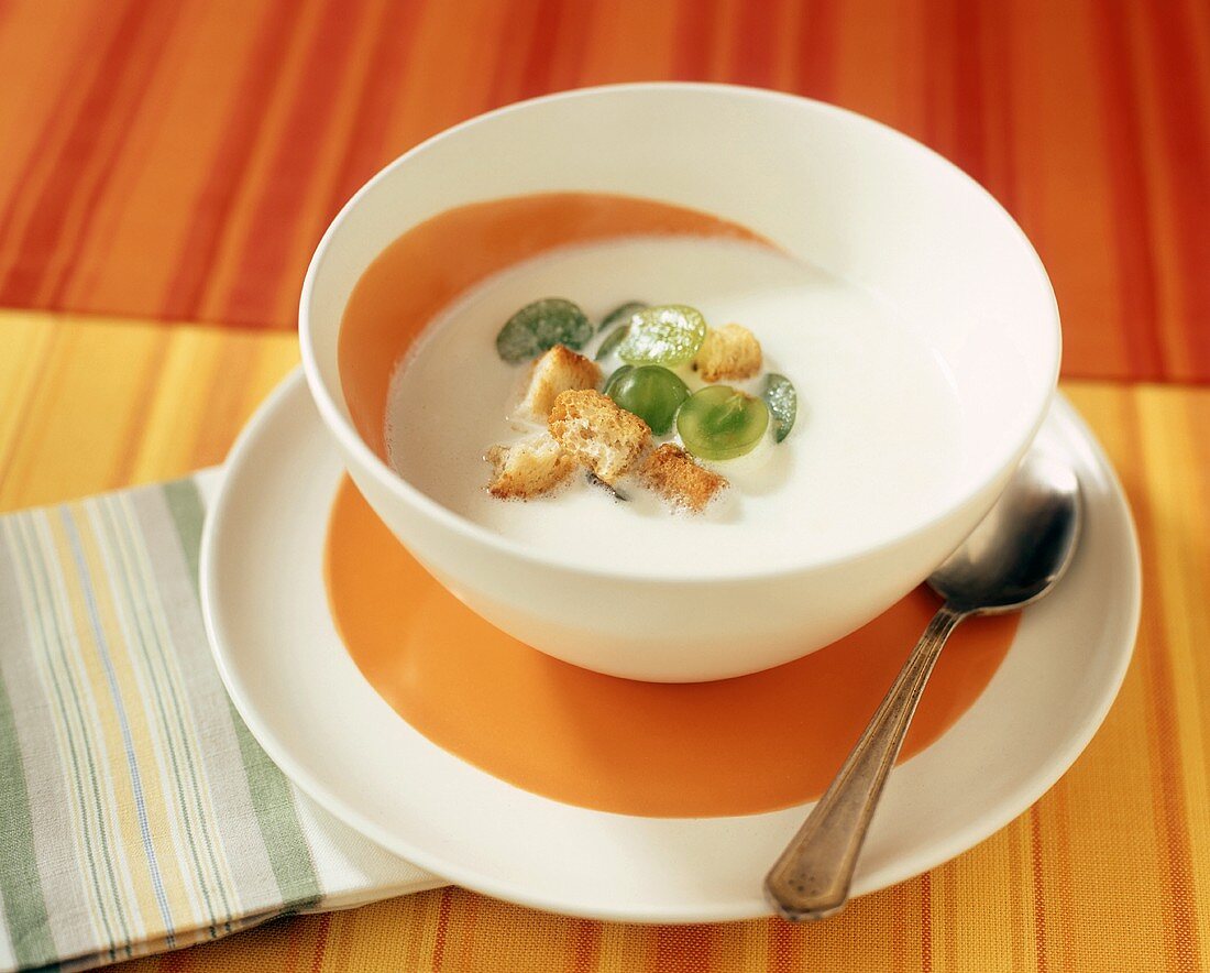 White gazpacho with green grapes and croutons