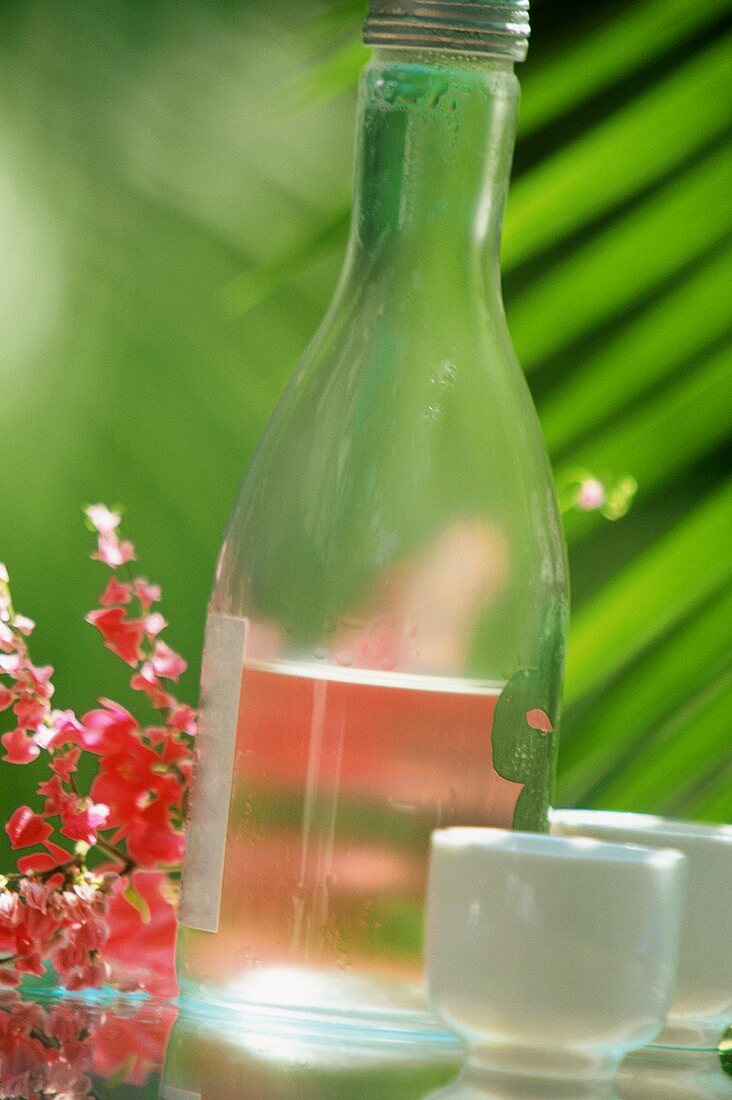 Eine Flasche Sake mit Schälchen