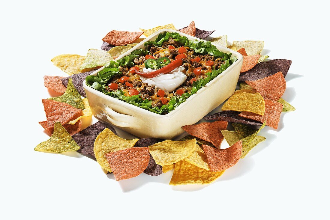 Mexican Multi-Layer Dip with Colorful Chips