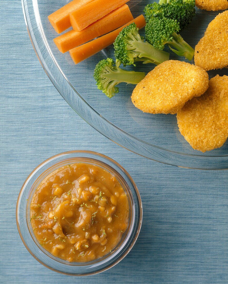 Chunky Sweet and Sour Dip with Chicken Nuggets and Raw Veggies