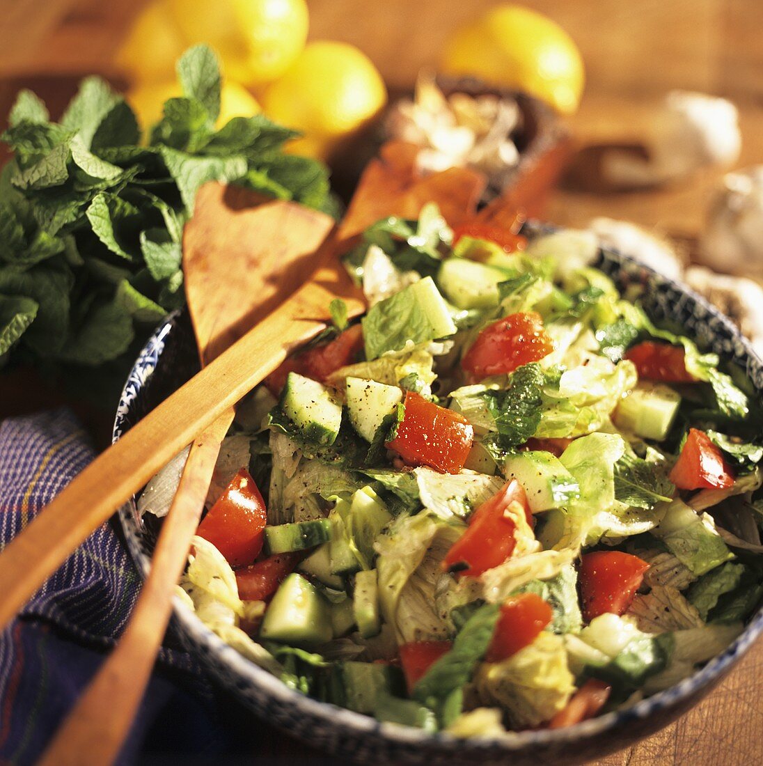 Gemischter Blattsalat mit Gurken und Tomaten