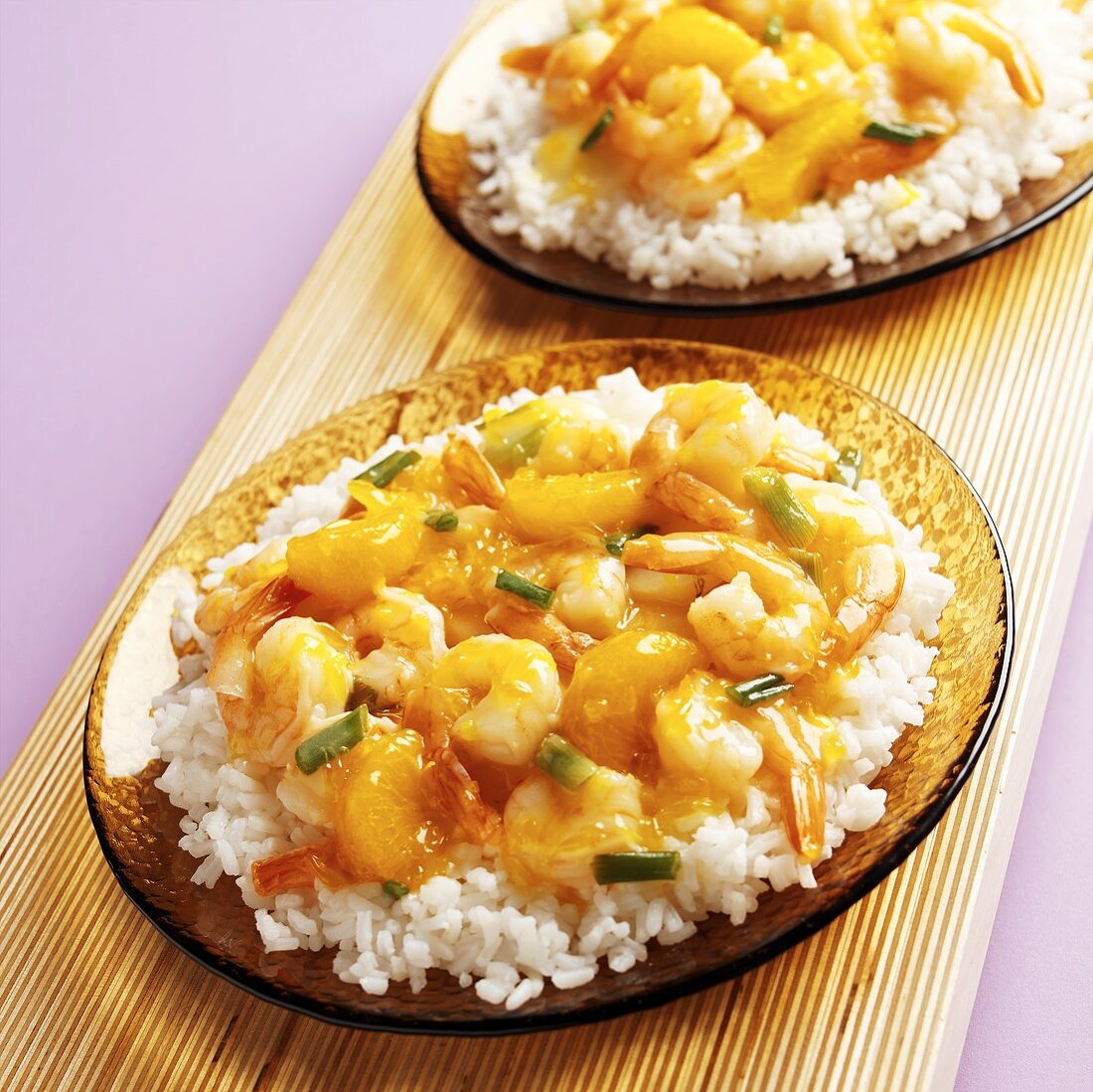 Orange Shrimp with Water Chestnuts and Scallion on White Rice