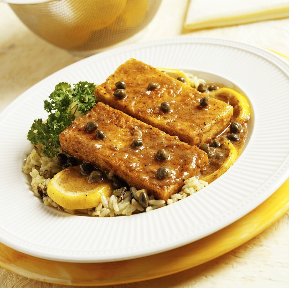 Tofu Piccata with Capers on a Bed of Rice with Lemons