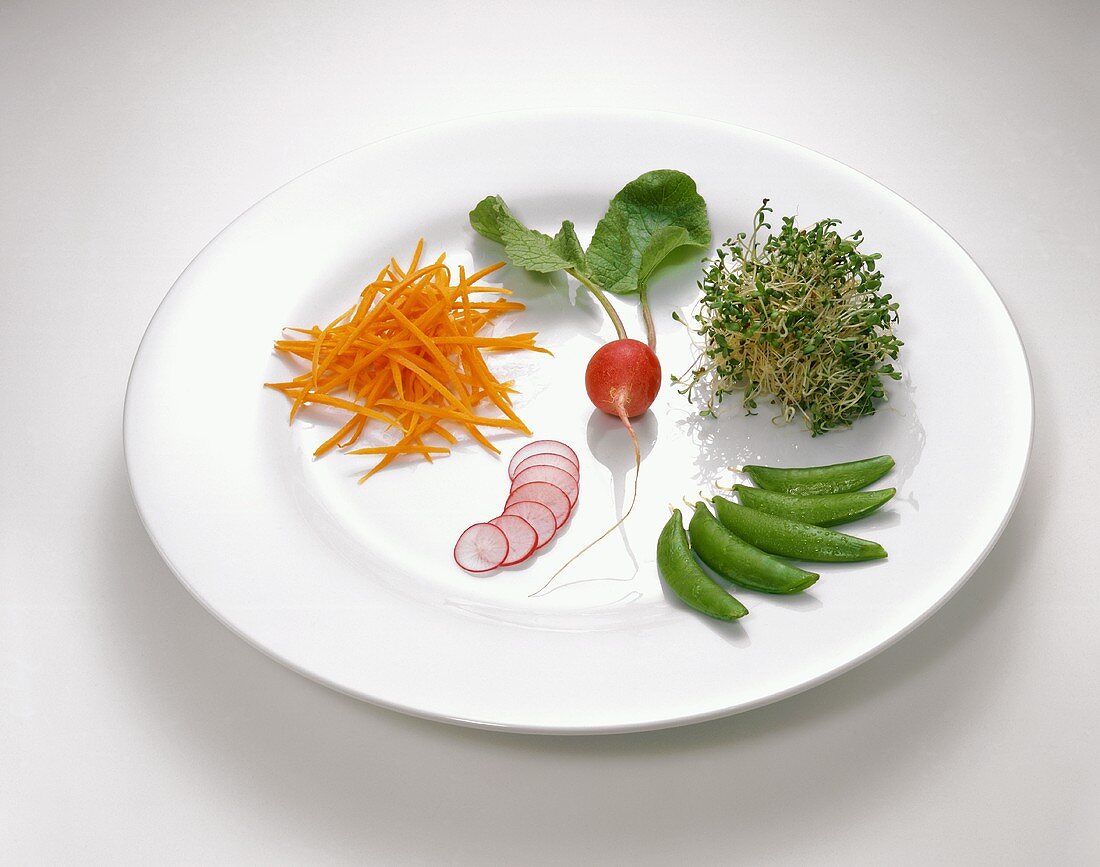 A Plate with Sliced and Whole Radishes, Carrot Sticks, Bean Sprouts and Sugar Snap Peas