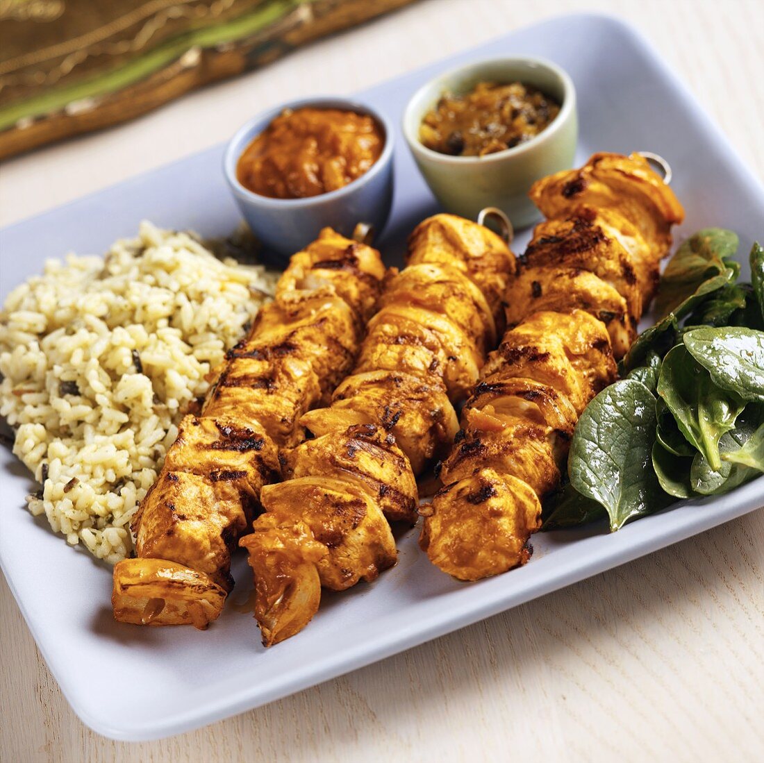 Grilled Chicken and Onion Skewers with Indian Masala, Chutney, Rice and Spinach