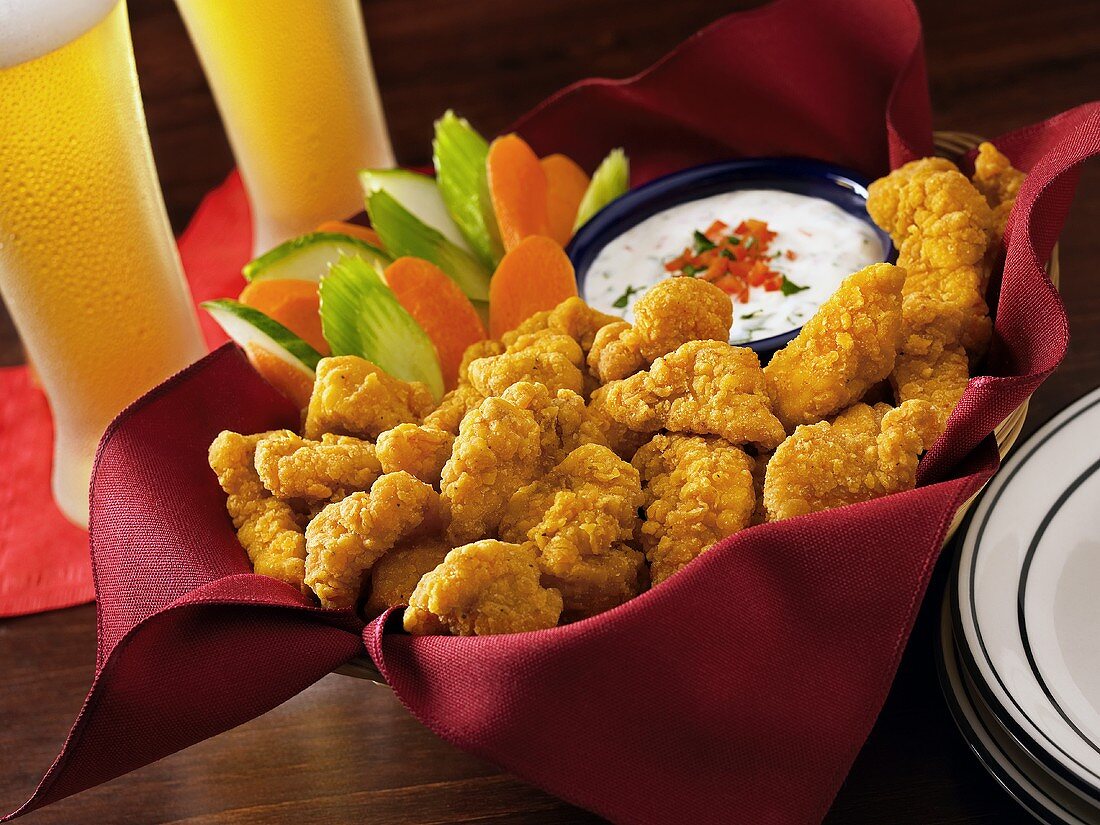 Popcorn Chicken with Dipping Sauce and Beer