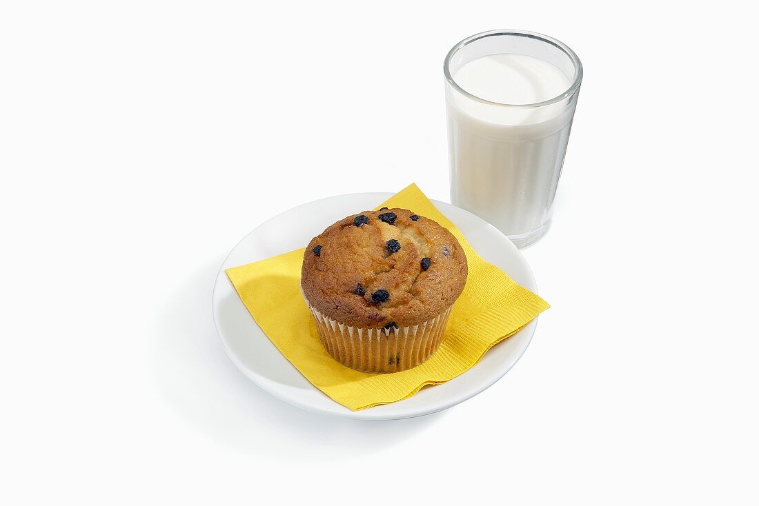 A Blueberry Muffin with a Glass of Milk