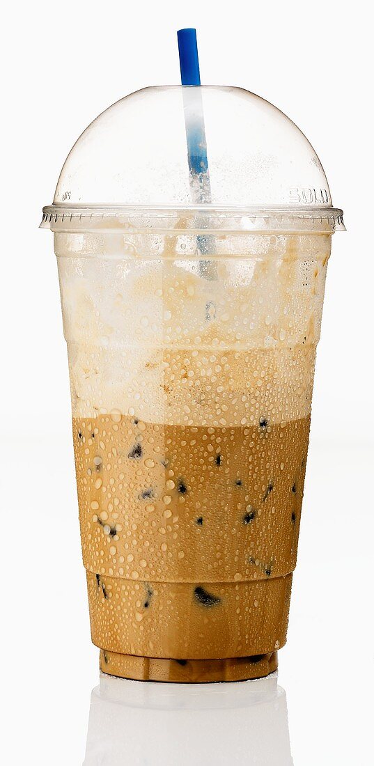 A Half Consumed Iced Mocha Latte in a Plastic Cup with Cover and Straw