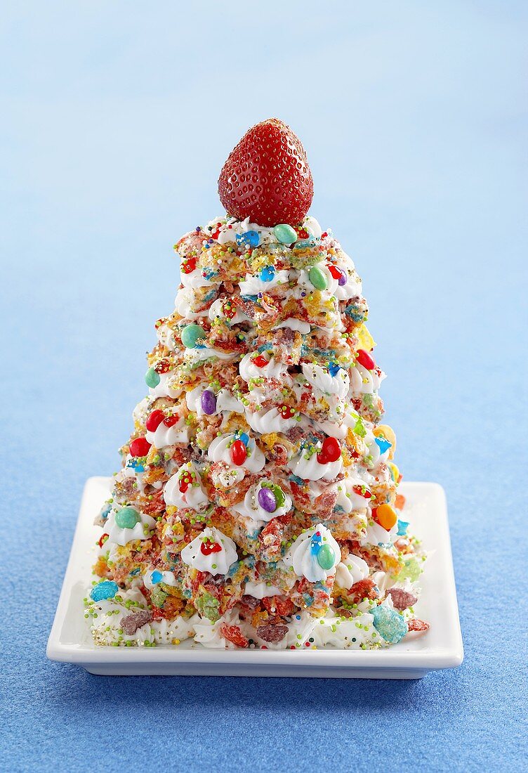 Cereal Sculpture of Christmas Tree with Candy Decorations