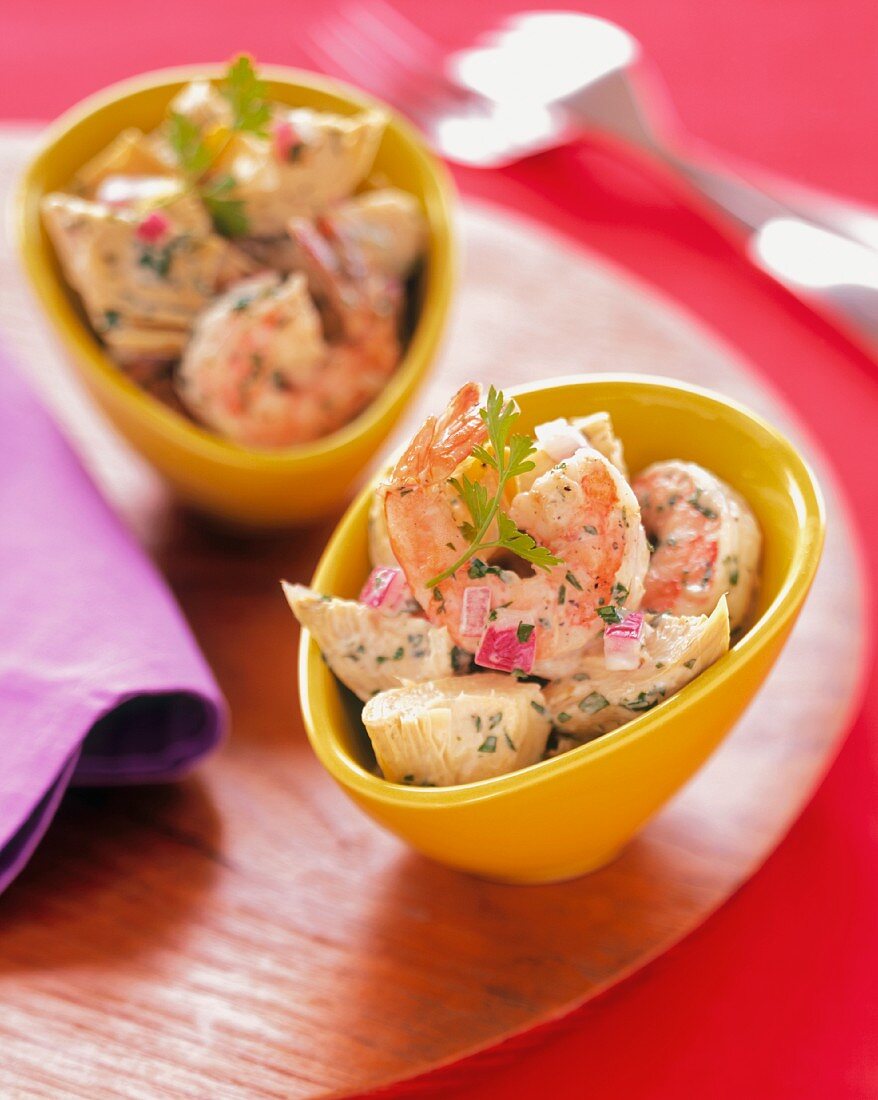 Shrimp and Artichoke Salad in Yellow Bowls