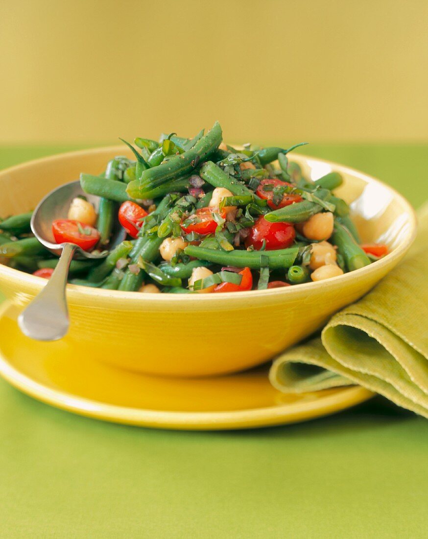 Bean Salad with Green Beans, Garbanzo Beans, Cherry Tomatoes, Red Onion and Basil