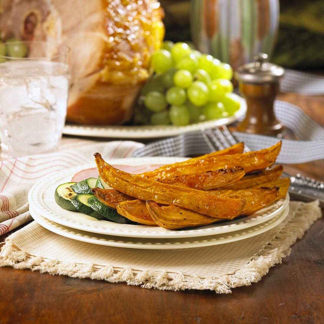 Apricot Glazed Sweet Potato Wedges with Zucchini and Ham