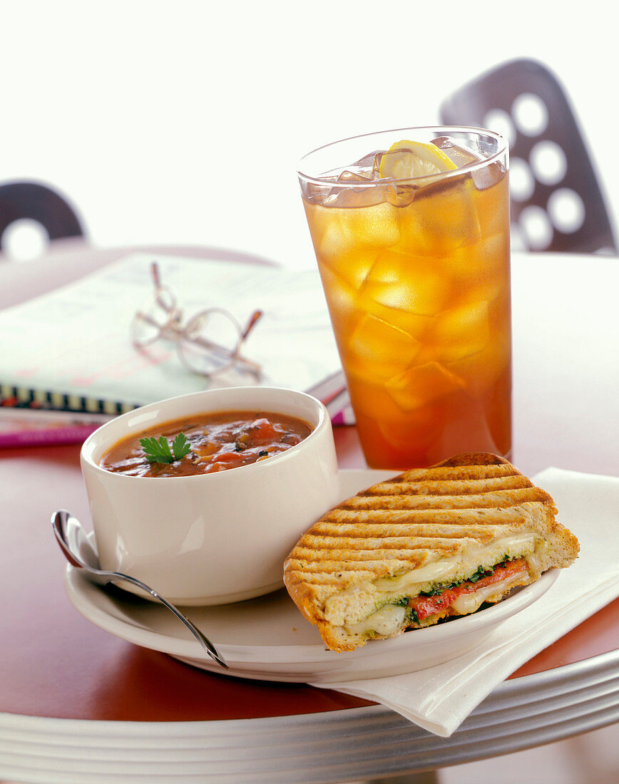 Pesto Chicken Panini with Chunky Tomato Soup and Iced Tea