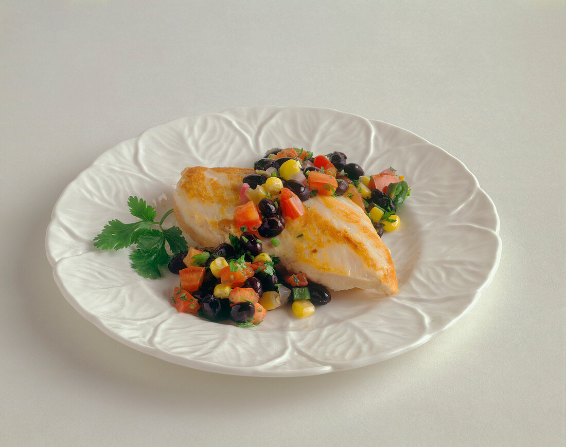 A Chicken Breast with Black Beans, Corn and Tomatoes