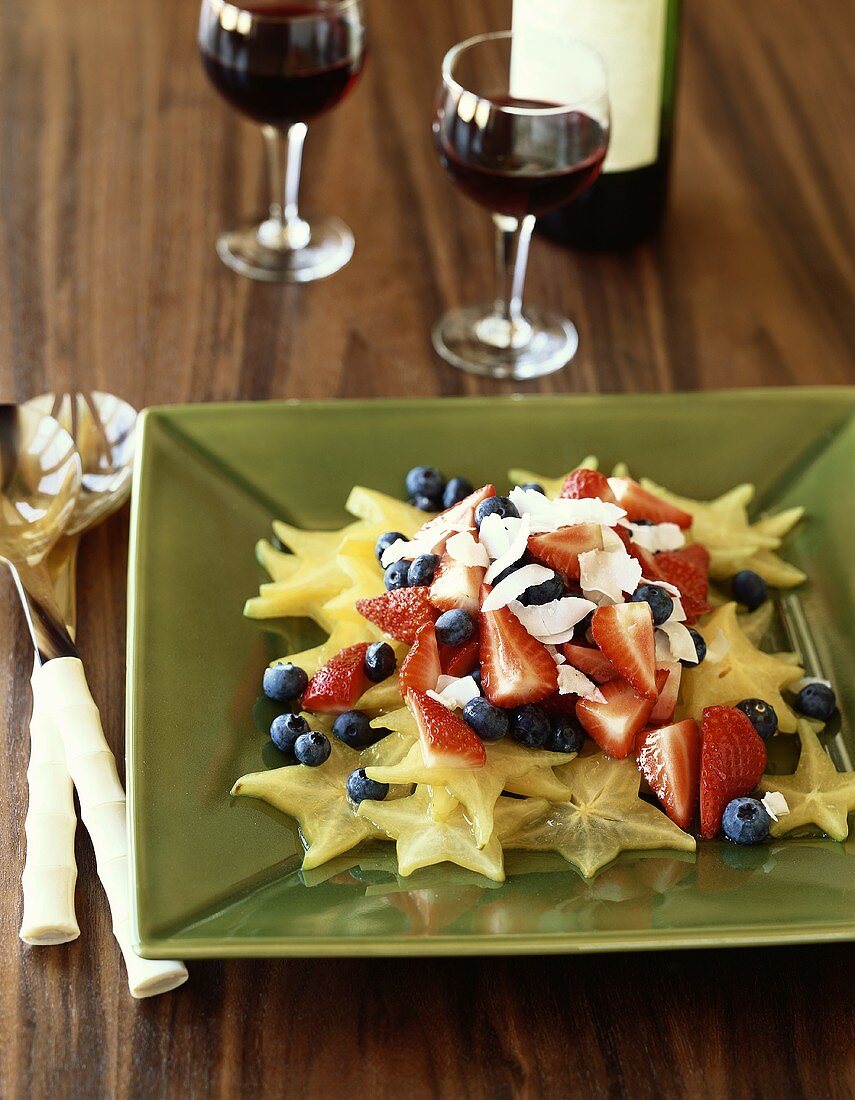 Star Fruit Salad with Strawberries, Blueberries and Coconut, Red Wine