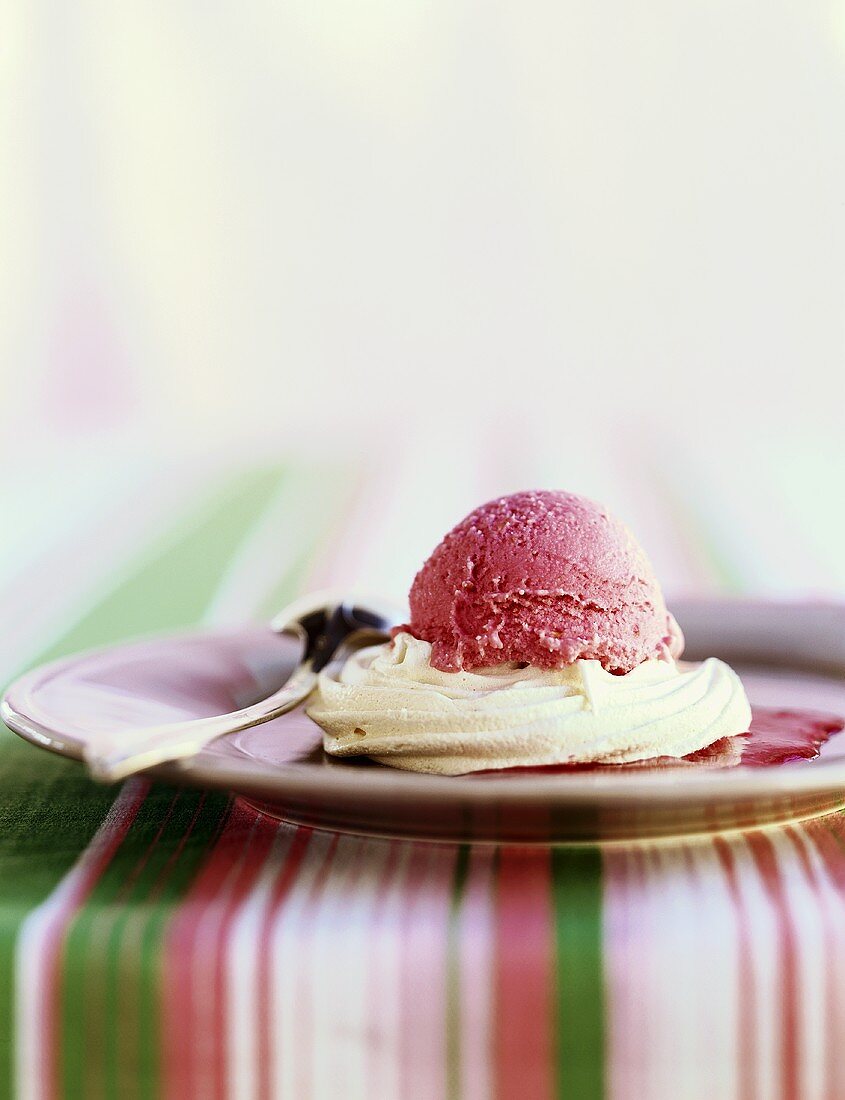 A Scoop of Strawberry Ice Cream on Meringue