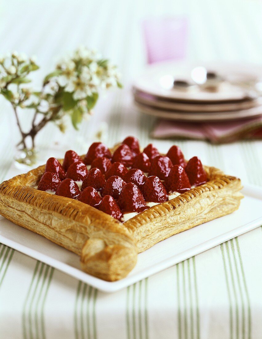 A Square Strawberry Puff Pastry Tart