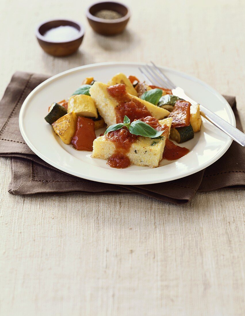 Polenta with Roasted Vegetables and Tomato Sauce