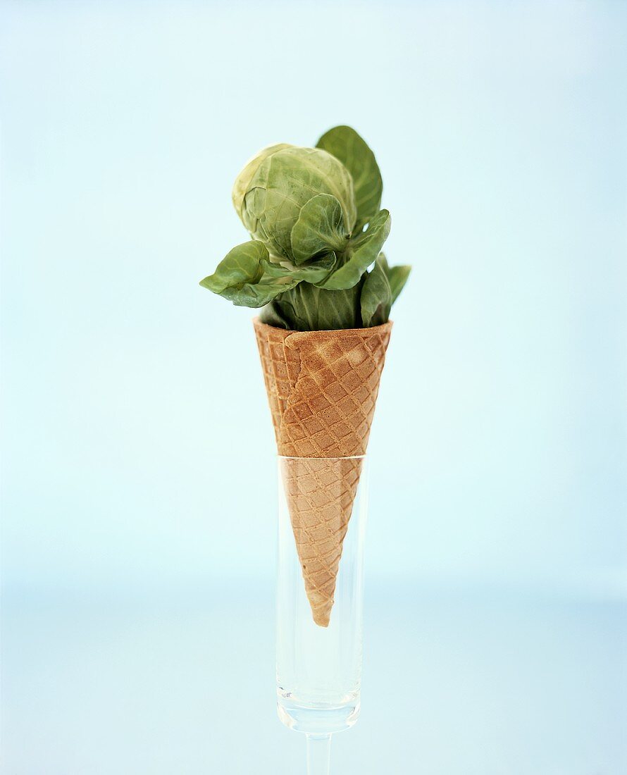 A Brussels Sprout with Greens in an Ice Cream Cone