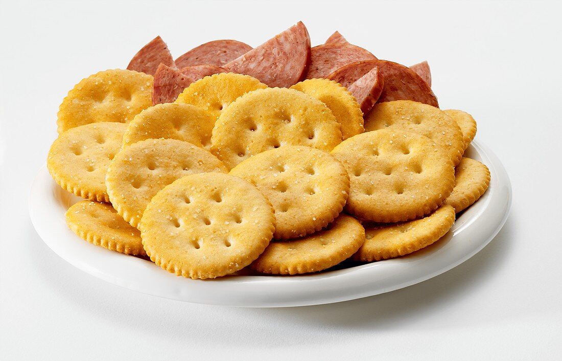 Crackers with Pepperoni on Plate