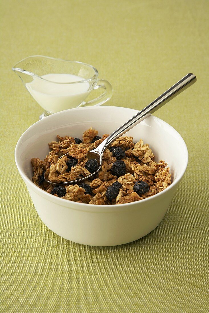 A Bowl of Granola with Raisins, Spoon and a Pitcher of Milk