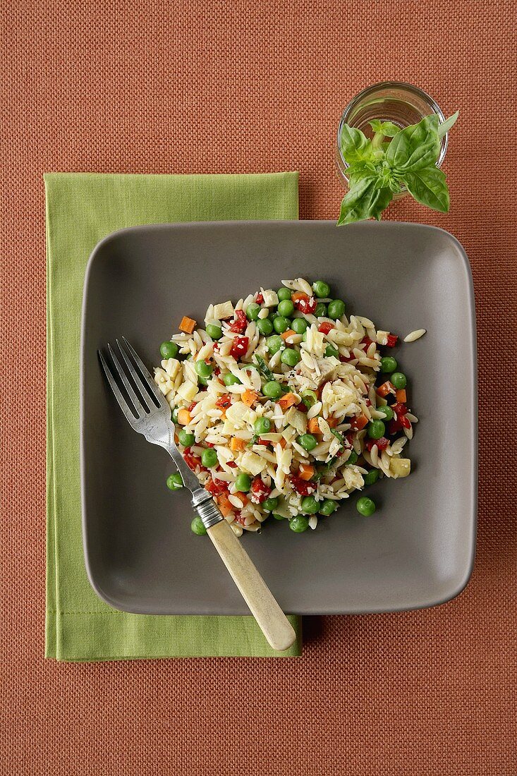 Orzo with Artichoke Hearts, Peas, Carrot and Bell Peppers